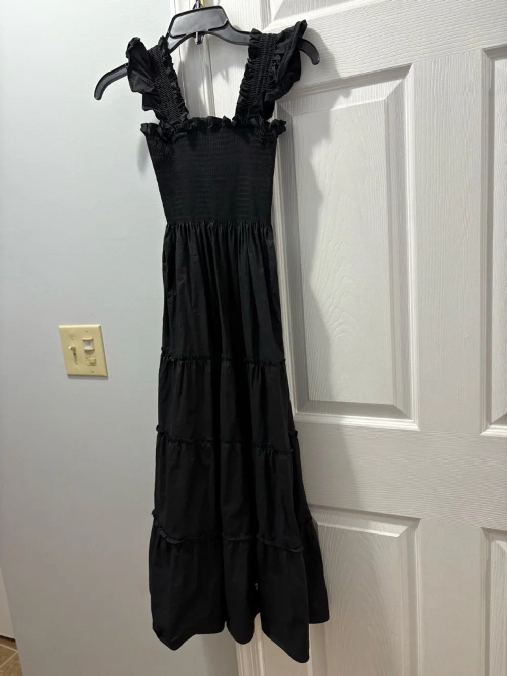 Quince Smocked Organic Cotton Midi Dress Size Small Black Ruffle Tiered Boho - Picture 2 of 5